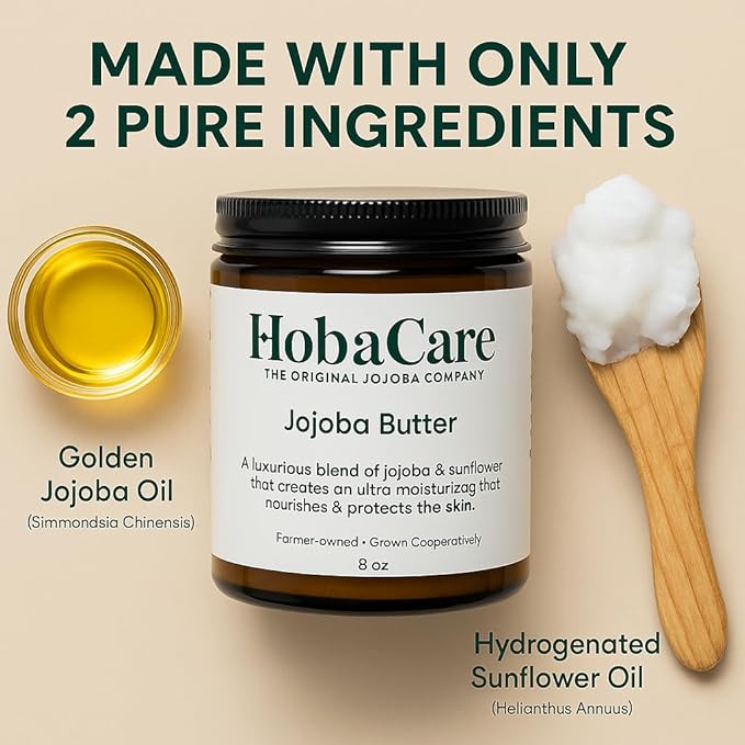 HobaCare Jojoba Butter, Scent-Free Body Butter Base with Natural First-Press Pure Jojoba Oil - Softening, Moisturizing, Vegan, Cruelty-Free Cream for Skin & Hair (8 oz)