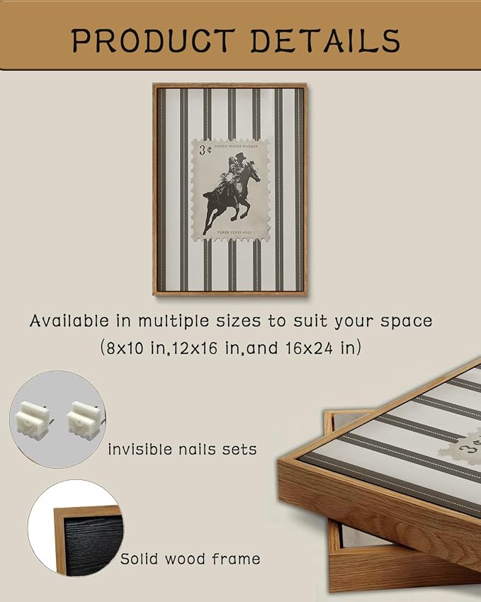 ZZLWBKGL Western Wall Decor Cowboy Canvas Art Bronco Framed Wall Art 8x10in | Vintage Artwork Retro West Stamp Paintings Mid Century Bucking Aesthetic for Living Room Bedroom