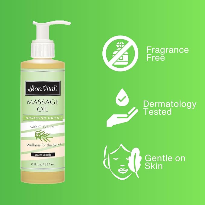Bon Vital' Therapeutic Touch Massage Oil, 8oz Pump, Unscented Massage Oil for Massage Therapy With Olive Oil, Lightweight Non-Greasy Formula, Professional-Grade for Dry Skin and Sore Muscles