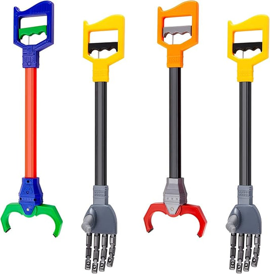 Lewtemi 4 Pcs Interactive Grabber Toy for Kids Claw Robot Arm Pack Reacher Pickup Tool for Boys Girls Children Fun Early Learning and Hand Eye Coordination Play, 18 Inch (Red,Blue,Gray)