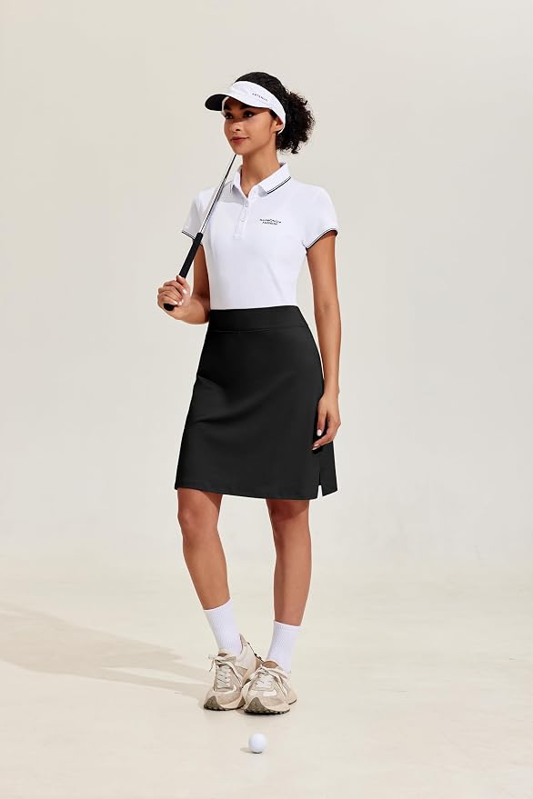COOrun Women's 20" Knee Length Skirts High Waisted Golf Skorts with Pockets | Soft, Quick Dry, Split Hem, Built-in Shorts, A-line, Modest Skirts, for Golf Athletic Tennis Work Casual