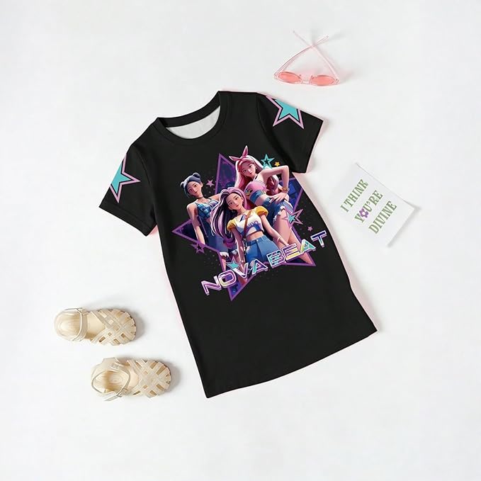 Girl's Anime K-POP Graphic Long Dress T-Shirt - Casual Loose Fit Short Sleeve Top