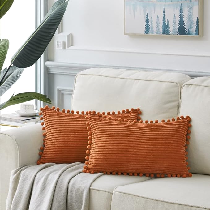 Fancy Homi 2 Pack Rust Lumbar Decorative Throw Pillow Covers 12x24 Inch with Pom-poms for Living Room Couch Bedroom, Soft Corduroy Solid Rectangle Cushion Case 30x60 cm, Rustic Farmhouse Home Decor