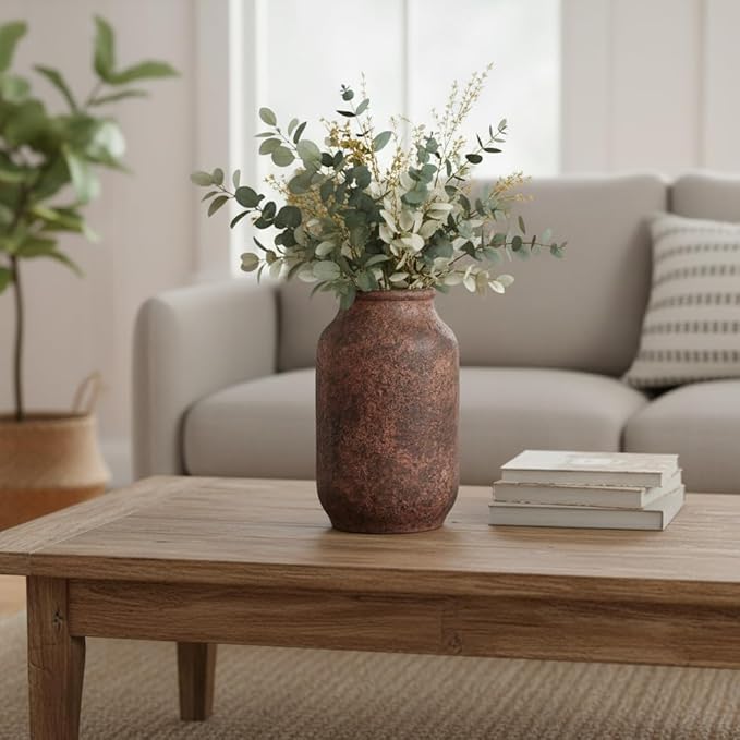 Terracotta Vase, Large Rustic Ceramic Vase, Farmhouse Decor for Living Room, Shelf, Mantle, Entryway, Room Decor, 9 Inch, Brown
