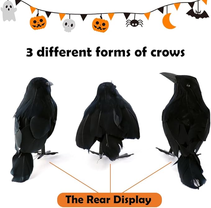 AEVBSOY 3 Pack Black-Feathered Crows Halloween Decorations - Realistic Artificial Handmade Black Feathered Crows for Halloween Party & Outdoor/Indoor Decorations