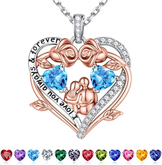 Iefil Valentines Gifts for Her Wife - 925 Sterling Silver Double Heart Birthstone Necklace, Anniversary Birthday Gifts for Women Wife Girlfriend