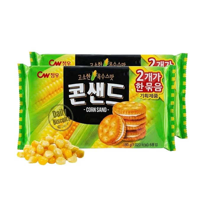 Korean Food CW Corn Sandwich Biscuits Sweet Corn Cream 12 Packs 12.7oz | Crispy sandwich biscuits with sweet corn cream filling. Family pack includes 12 individual snack packs, 12.7 oz total.