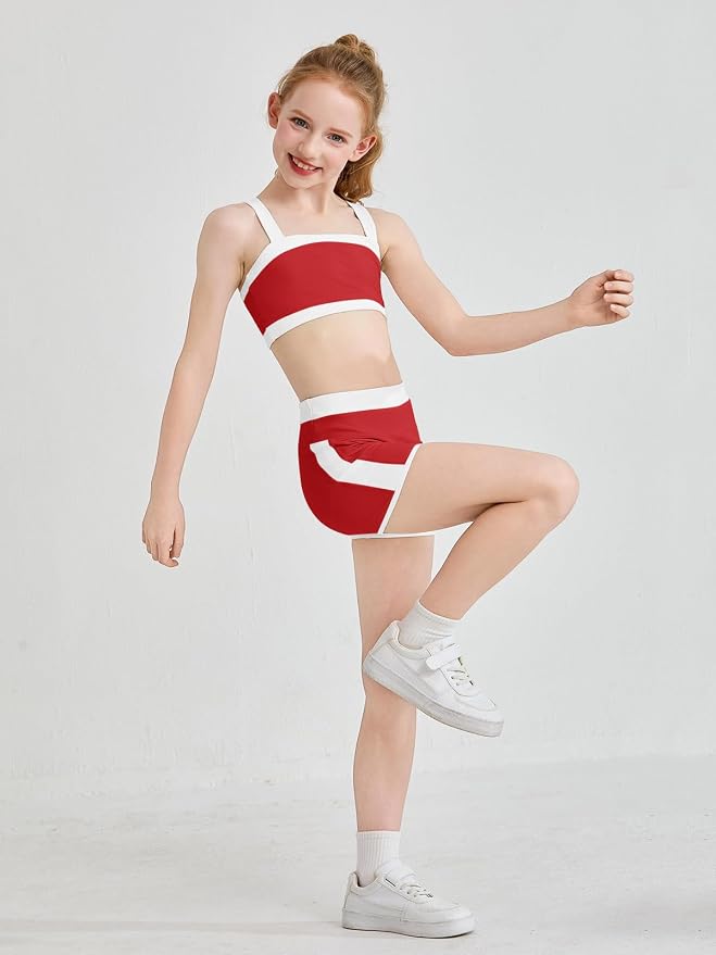 Haloumoning Girls 2 Piece Outfits Athletic Color Block Training Bra and High Waisted Shorts Clothing Sets 5-14Y