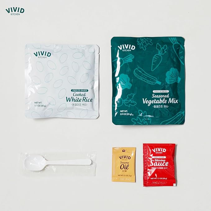 VIVID KITCHEN Freeze-Dried Bibimbap with Zero Sugar Sauce – Plant-Based Korean Meal – 3-Minute Microwave Bibimbap with 8 Vegetables – Lightweight, Portable Bowl (3.8oz / 108g) (1EA)