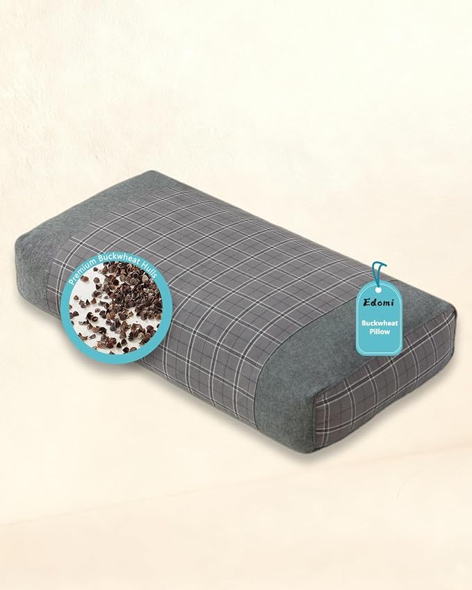 Buckwheat Cube Pillow for Side Sleepers, 19.6"x9.8" Neck Pain Relief Cervical Pillow, Buckwheat Hulls Filling & Customizable Height, Plaid Pillow Covers, Gray,Gray