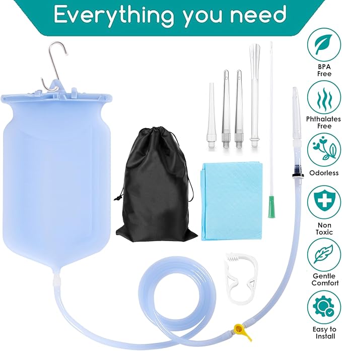 2L Enema Bucket Kit Colon Cleansing Silicone Enema Bag for Women Men 6Pcs Enema Nozzle Tips Colon Tube Hose Replacement, Clear Enema Kit Coffee Sealable Hot Water Bottle Shower Adult Kids Constipation