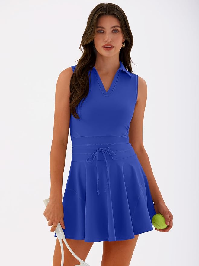 Caracilia Women's 2 Piece Tennis Dress Set-Polo Neck Sleeveless Mini Dresses with Shorts,Golf Casual Workout Athletic Sports
