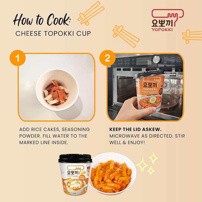 Yopokki Instant Tteokbokki Rice Cakes Korean, Cheese Topokki Cup - Great with Cheese and Ramen Toppings, Korean Snacks for College Dorm, Korean Street Food Quick & Easy to Prepare, Pack of 2