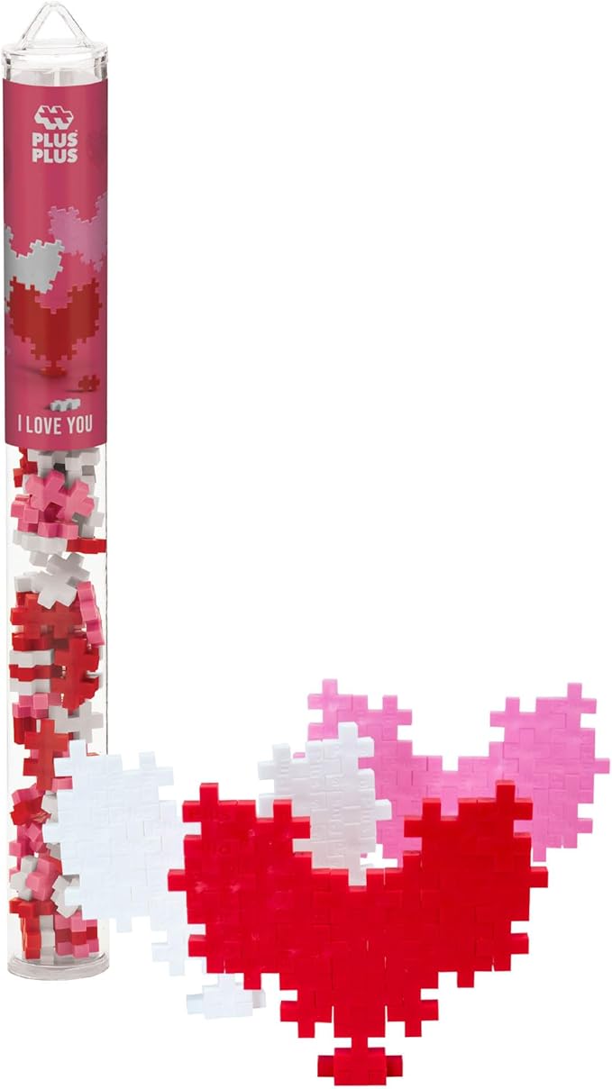 PLUS PLUS 3D Puzzle Building Block Set, 70 Mini Interlocking Pieces, Fun Holiday Activities for Kids - I Love You Hearts Mini Maker Tube