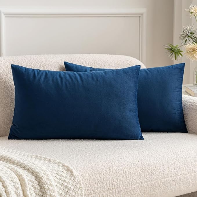 MIULEE 12x20 Inch Lumbar Velvet Throw Pillow Covers Dark Blue | Pack of 2 Soft Solid Decorative Pillow Covers, Modern Luxury Home Decor, for Chair Couch Sofa Bedroom Livingroom
