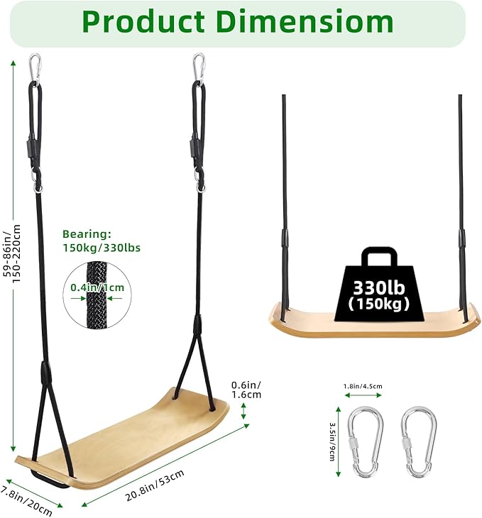 PELLOR Birch Wood Tree Swing - 330lbs Load, 20.8"x7.8" Swing Seat for Adults&Kids, 59-86" Adjustable Nylon Rope, Indoor/Balcony Outdoor Swing for Parent-Child Interaction