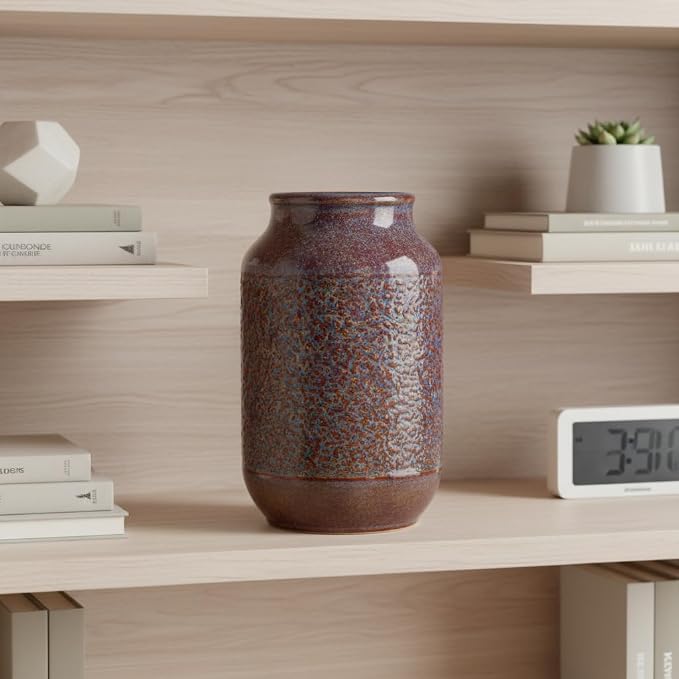 Brown Ceramic Vase for Home Decor - 9 Inch Farmhouse Pottery Vase for Pampas Grass, Decorative Vases for Flowers, Farmhouse Decor, Kitchen, Mantle, Fall Decoration