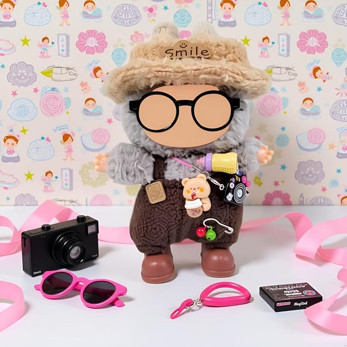 Doll Clothes Outfit and Accessories Suitable for 17cm Dolls, 5 Piece Set Romper Hat Camera Backpack Glasses Shoes (No Doll) Brown