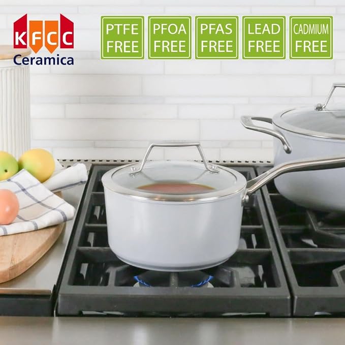 TECHEF - CeraTerra Collection, 2-quart Ceramic Nonstick Saucepan with Glass Lid (PTFE, PFAS, and PFOA Free), Made in Korea (2-quart)