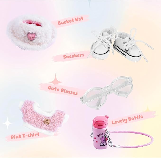 5 Set 17cm Doll Clothes - Clothes for Dolls Outfit - Accessories for 17cm Dolls Clothes +Light Pink Heart-Shaped Velvet hat + Small Camera + Glasses + Canvas Shoes, No Doll Included (Pink Water Cup)