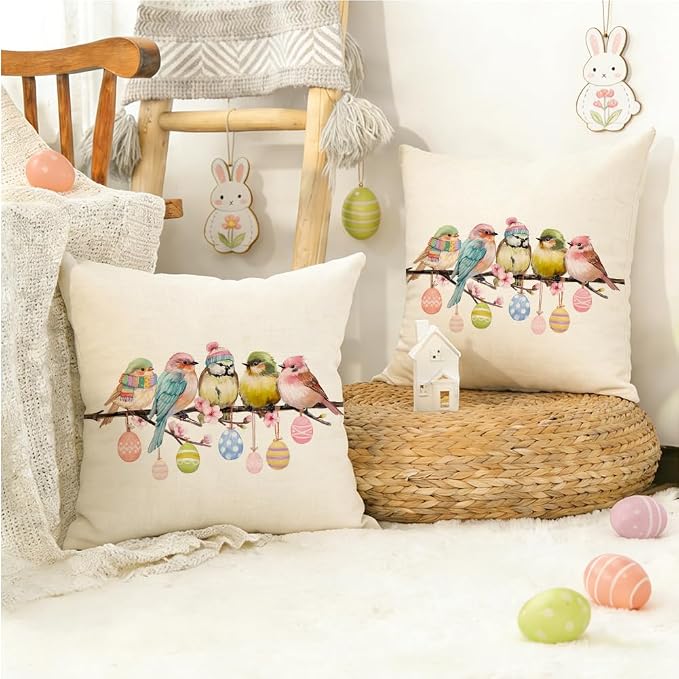 RABUSOFA Easter Pillow Covers 18x18 inch Easter Decorations Pink Birds Colorful Eggs Throw Pillows for Bedroom Sofa Holiday Festivals Home Decor