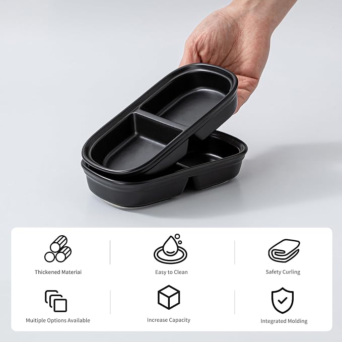 2PCS Ceramic Dishes, Ceramic Dish Stainless Steel Soy Tomato Sauce Salt Vinegar Sugar Spices Flavor Condiment Dip Bowls Korean BBQ Home Kitchen Plates (2 Grids Black)