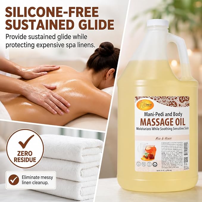 SPA REDI Milk & Honey Massage Oil – Silicone-Free, Paraben-Free & Sulfate-Free | Almond, Avocado, Sunflower & Vitamin E Blend | Sensitive Skin & Dry Feet | Professional Salon & At-Home Use | 128 oz