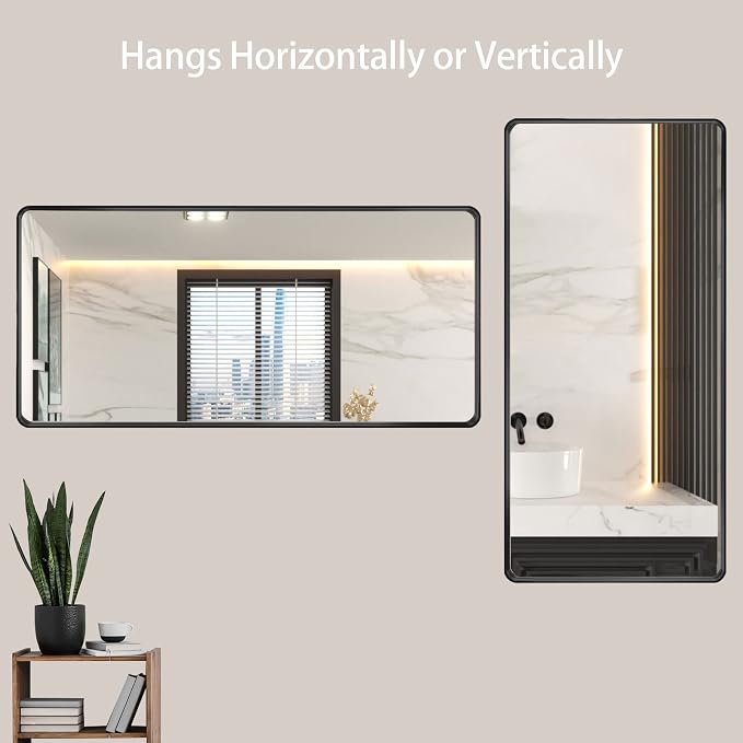 LOAAO 60X28 Inch Black Bathroom Mirror Metal Framed | Matte Black, Rounded Rectangle Mirror, Anti-Rust, Tempered Glass, Hangs Horizontally or Vertically