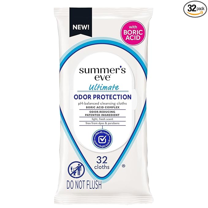 Summer's Eve Ultimate Odor Protection Daily Feminine Wipes, Gentle pH-Balanced Formula with Boric Acid Cleanses & Removes Vaginal Odor, Resealable Pack, 32 Body Wipes