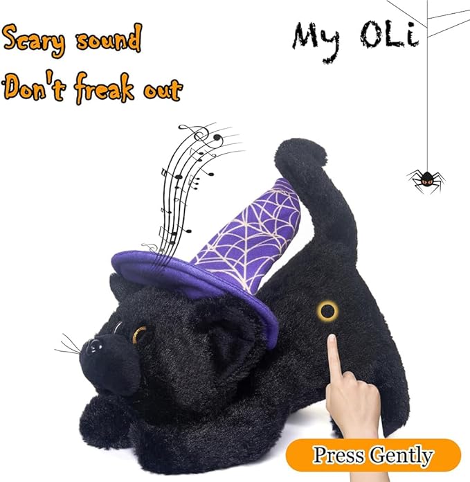 My OLi Halloween Black Cat Plush Toy with Creepy Voice - Cute Lying Cat with Witch Hat - Spooky Halloween Stuffed Animal for Kids, Toddlers for Trick-or-Treaters