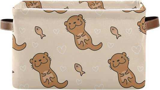 Aslsiy Storage Basket Cute Otter and Fish Nursery Bins Baby Box Canvas Clothes Shelf Basket Laundry Hamper Gift Basket for Home Dorm Closet 1 Pcs