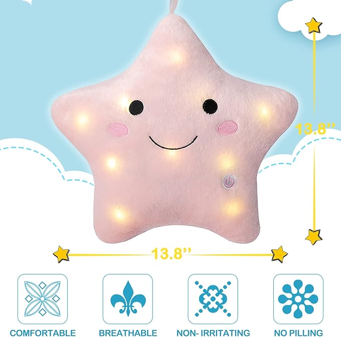 DearSun Set of 2pcs, 13'' Creative Twinkle Star Colorful Night Light Plush Pillows Light up Night Stuffed Toys Perfect for Birthday Christmas Holiday Valentines(Pink+White)
