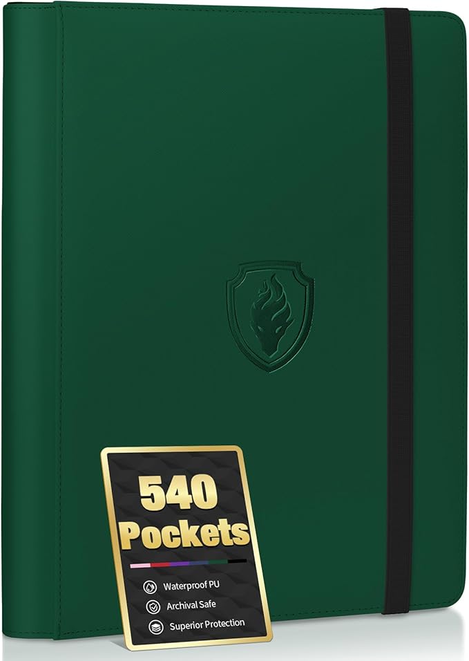 Premium 9 Pocket Card Binder for 540 Cards, Fabmaker PU Cover Trading Card Binder, Sturdy Card Collection Album, Sleek Card Holder Folders for Game Cards & Sports Cards, Dark Green