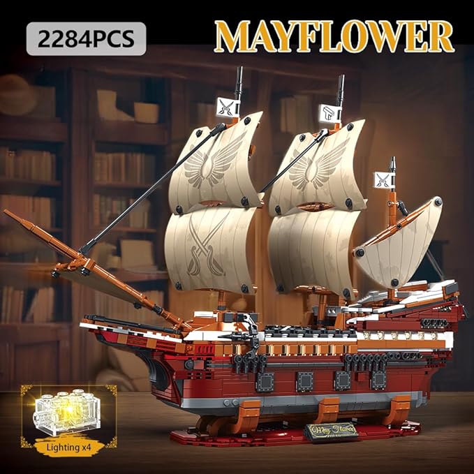 T2147 Mayflower Ship Model Building Blocks Kit, 2284 Pieces MOC Large Sailing Boat Modular Buildings Collection with Lighting, Assembly Toy Gift for Adults