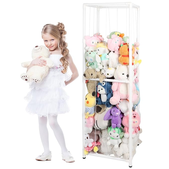 Stuffed Animal Storage Zoo Stuffed Animal Holder,Off-Ground and Space Save Vertical Stuffed Animals Organizer PVC with Elastic for Bedroom Playroom Nursery (White, Large)