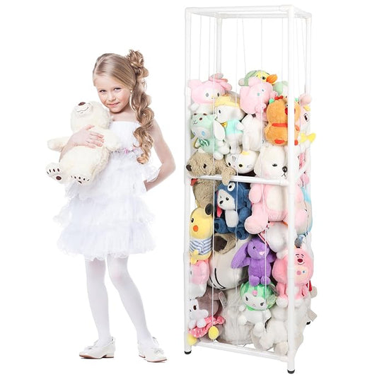 Stuffed Animal Storage Zoo Stuffed Animal Holder,Off-Ground and Space Save Vertical Stuffed Animals Organizer PVC with Elastic for Bedroom Playroom Nursery (White, Large)