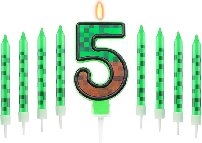 Pixels Themed 5th Birthday Candle, Pixels Cake Topper for Boys Girls, 9 Pcs Candle Set, Game Cartoon Theme Birthday Party Supplies (Number 5)