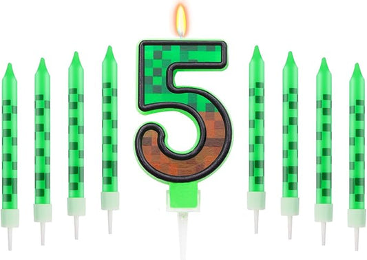 Pixels Themed 5th Birthday Candle, Pixels Cake Topper for Boys Girls, 9 Pcs Candle Set, Game Cartoon Theme Birthday Party Supplies (Number 5)