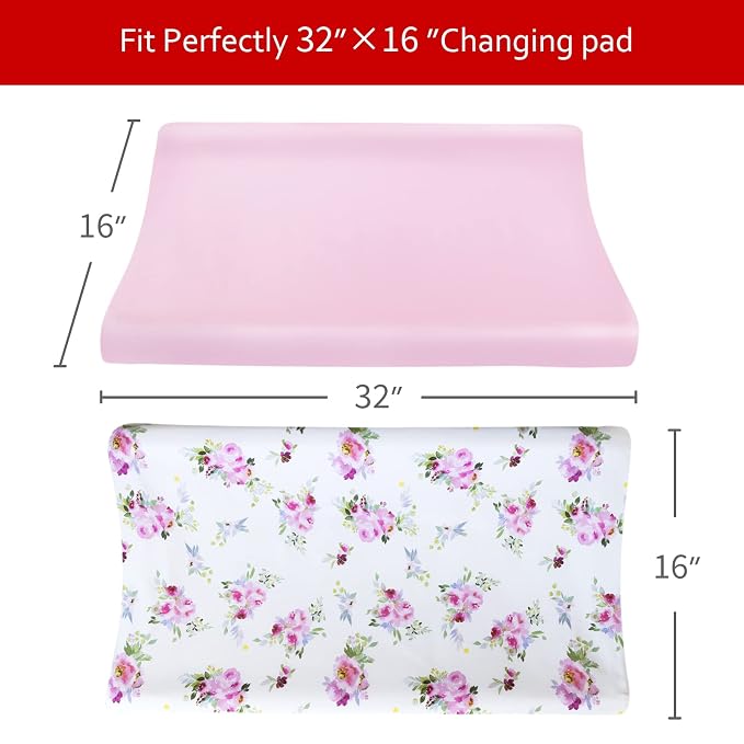 Changing Pad Cover for Girls 2 Pack, Lovely Print Soft Diaper Change Table Sheets, Fit 32"x16" Contoured Pad, Comfy Cozy 2-Pack Cradle Sheets,Floral
