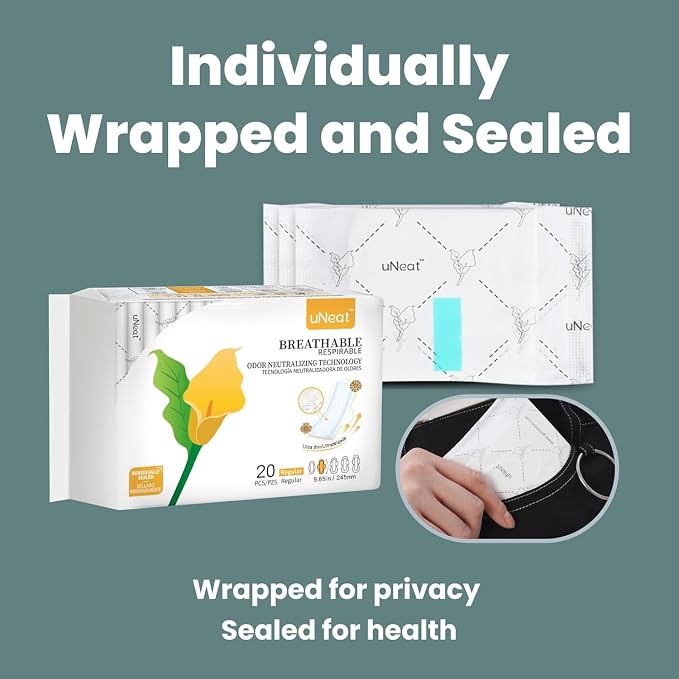 uNeat Ultra Thin Pads with Wings, Sanitary Napkins for Women and Teen, Regular Absorbency, Unscented, Eliminates Odor (Regular, Size 2, 120 Count)