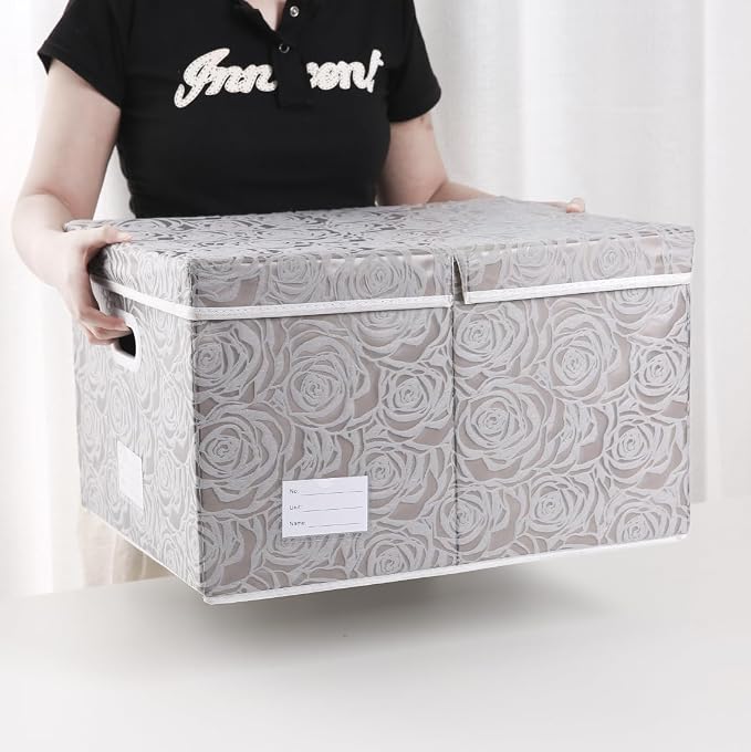 Extra Large Collapsible Storage Boxes with Lids Fabric Decorative Storage Bins Cubes Organizer Baskets with Cover Handles Divider for Bedroom Closet Living Room 19.6x15.7x11.8 Inch 3 Pack