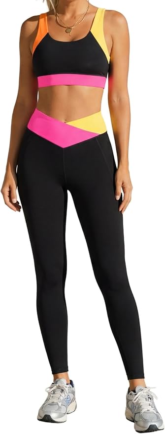 popvil Workout Sets For Women Color Block Sports Bra High Waisted Legging With Pocktes For Athletic Running Gym Yoga Outfits