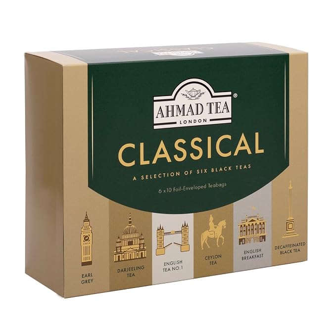 Ahmad Tea Black Tea, Classic Selection Pack Teabags, 60 Foil Teabags - Caffeinated, Decaffeinated, & Sugar-Free