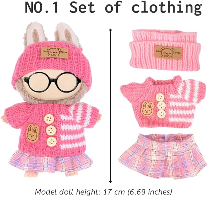 ebuddy 4 Sets Doll Clothes for 17cm Plush Doll-Knit Outfit Set Sweater Collection(Doll and Glasses Not Included) (4 Outfits)