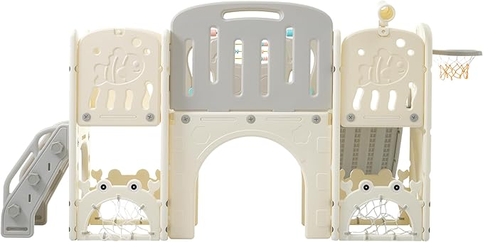 11in 1 Toddler Slide, Kid Slide for Toddlers Age 1-3 with Telescope, Basketball Hoop, and Telescope, Indoor Outdoor Playset Playground Grey Beige