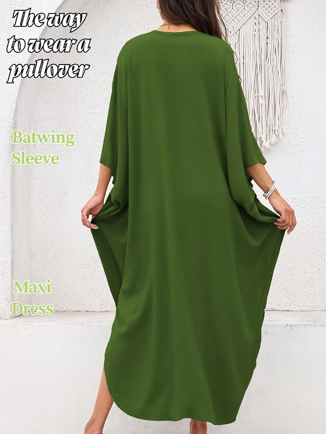 ChiaoLezhee Print Moo-Moos for Women, Kaftan Cover-Up Dresses, Sexy V-Neck High-Slit, Beach Pool-Party Coverups Muumuu Plus
