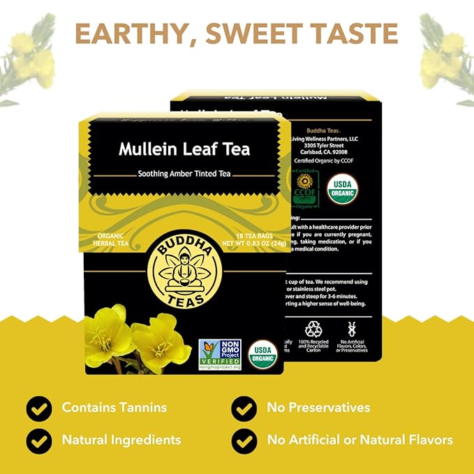 Buddha Teas - Mullein Leaf - Organic Herbal Tea - Single Ingredient - Warm Amber Hue - Mild, Earthy, Sweet Taste - Enjoy Hot or Cold - Caffeine Free - 100% Kosher & Non-GMO - 18 Tea Bags (Pack of 1)
