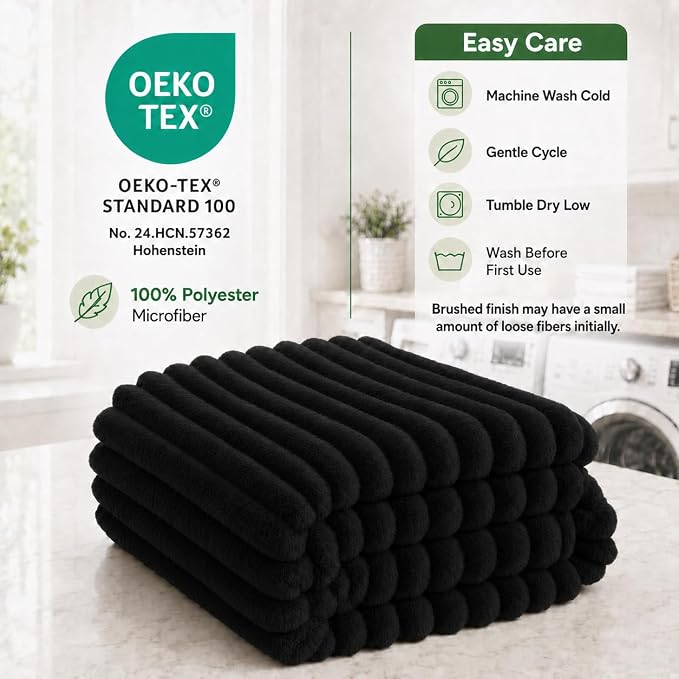 HIMEET Black Oversized Throw Blanket, 300GSM Ribbed Fleece, 50 x 70 Inches | Ultra Soft Flannel, All-Season Lightweight Warmth, Extra Coverage for Couch Lounging, Home Room Decor, Machine Washable