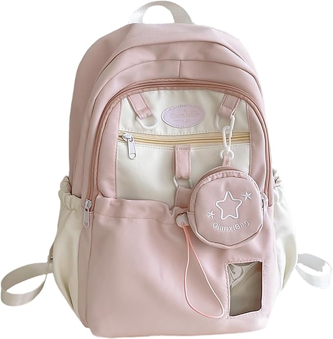 Kawaii Backpack Double Shoulder Bag with Cute Star Removable Pouch Small Clear Front Pocket Large Capacity Fits 16" Laptop Dopamine Colors Daypack (Pink)