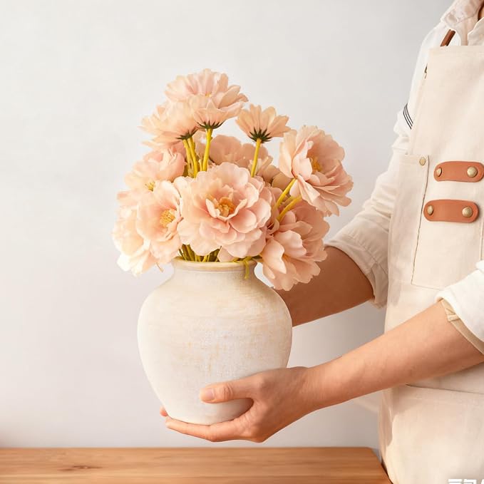 Ceramic Flower Vase Home Decor, 6.2 inch Farmhouse Rustic Vintage Decorative Vases, Pottery Terracotta Boho Flowers Vases for Dining Table, Living Room, Shelf, Kitchen, Bedroom (6.2"-White)